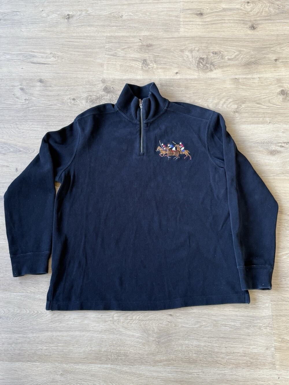 VTG Polo Ralph Lauren Sweater Mens L Black Quarter Zip Pullover Triple Big Pony